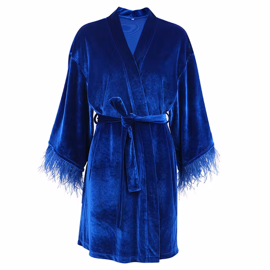 Herbst Neue Stil Blau Braut Feder Morgen Roben Frauen Luxus Designer Mode Robe Samt